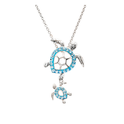 SS Aqua Crystal Turtle Necklace - Sterling Silver - ShanOre