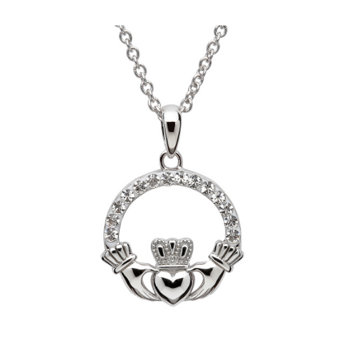 Aqua SW Crystal Claddagh Necklace - Sterling Silver - ShanOre