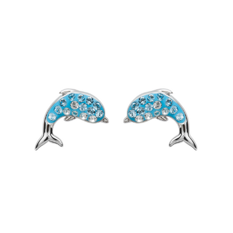 SS Aqua SW Crystal Dolphin Stud Earrings - Sterling Silver - ShanOre