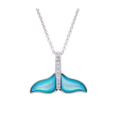 SW Aqua MOP Whale Tail Pendant - Sterling Silver - ShanOre