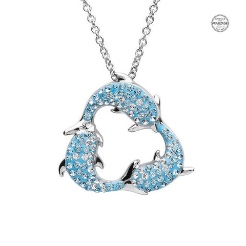SS Aqua SW Crystal Triple Dolphin Necklace - Sterling Silver - ShanOre